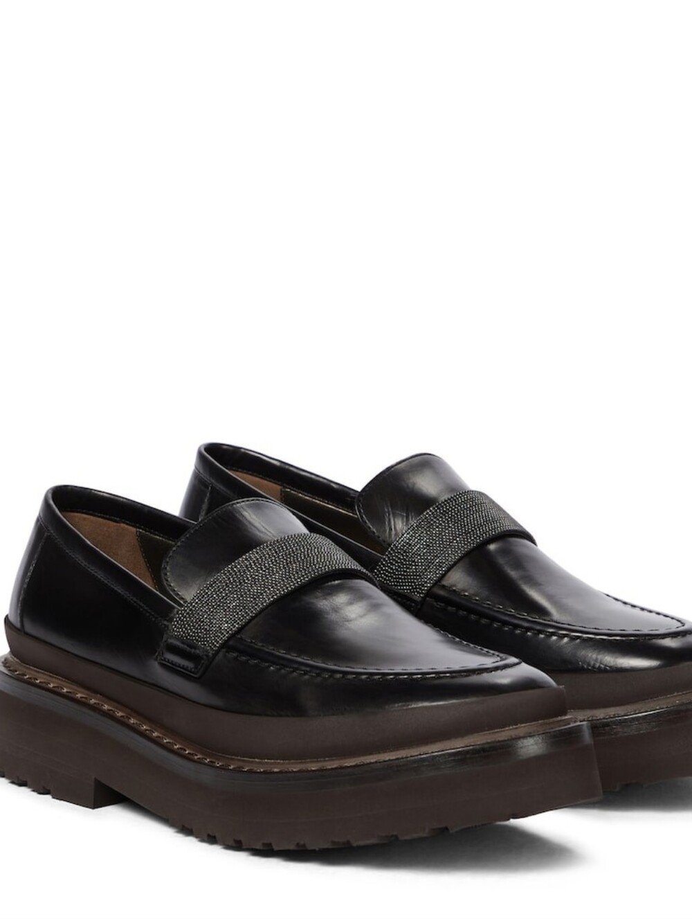 Brunello Cucinelli Black Leather Loafers with Monili Strap